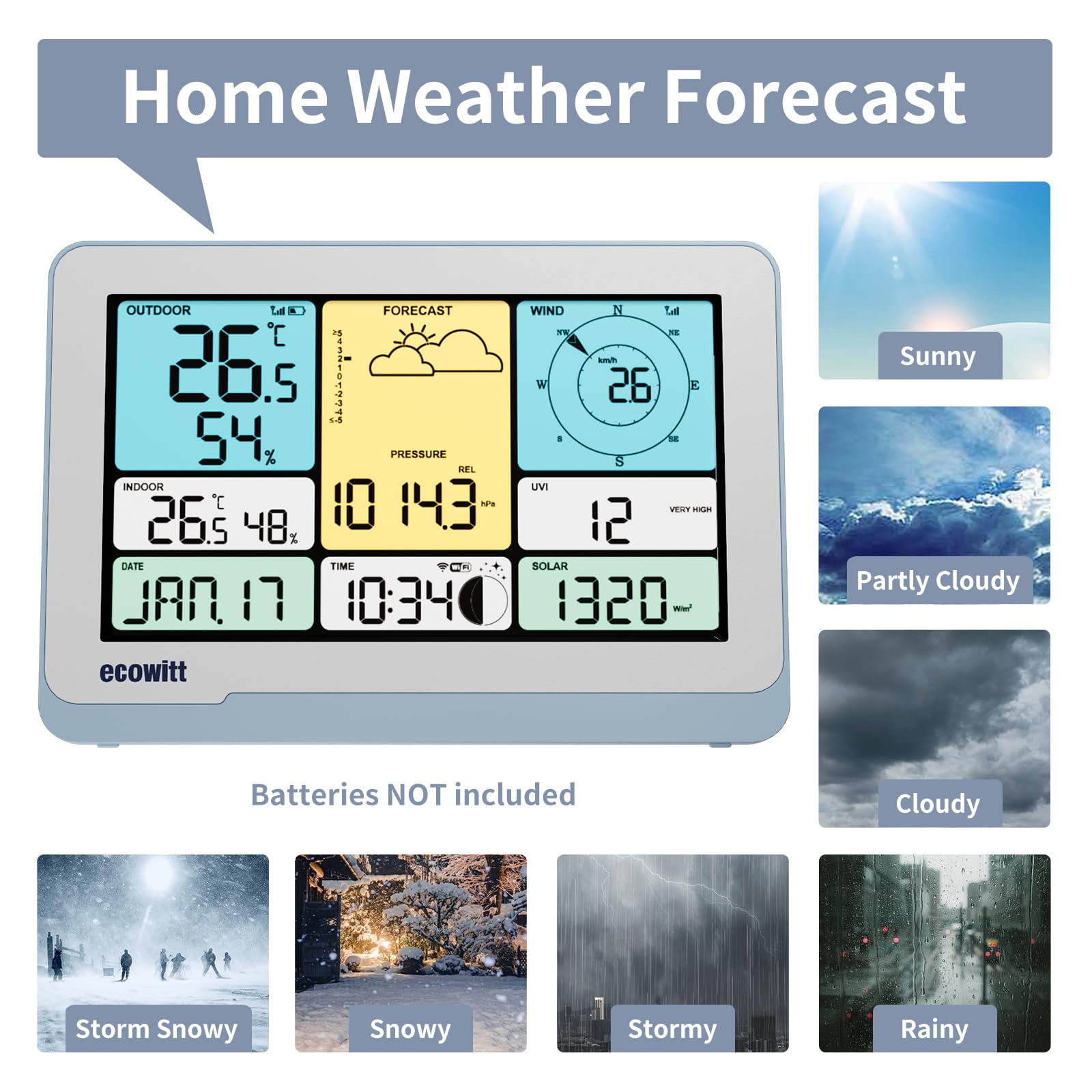 ECOWITT Console WS3820_C per stazione meteo, display LCD a colori domestico da 7,5 pollici, sensori interni 3 in 1 integrati, coppia con WS69/WS90/WS85, controllo intelligente del collegamento IoT