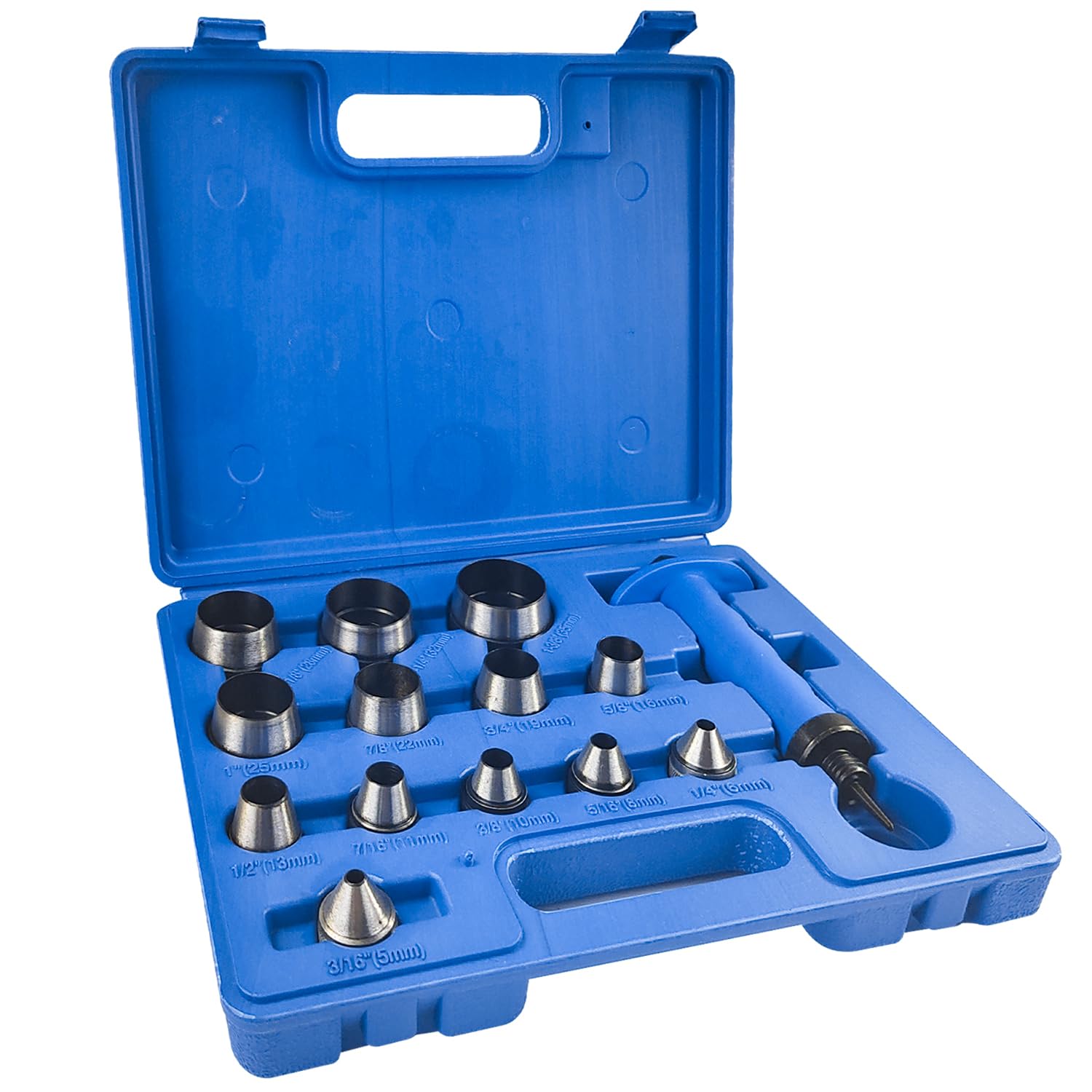 Sacabocados para Cuero 14 Piezas, Herramientas Cuero, 5-35mm Cortador de Sacabocados de Cuero Profesional, Punzones para Metal, con Mango de Puño en Estuche de Plástico para Cinturón de Peletería (1)