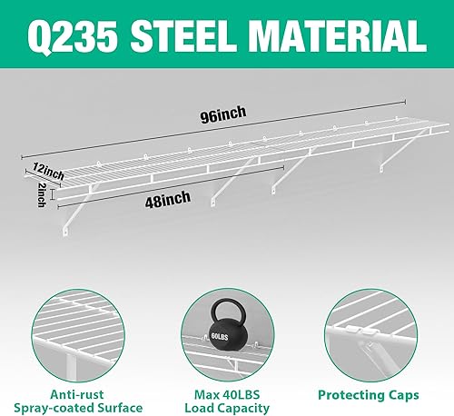 Miniatura 3 de HAUSHOF Estantes de armario montados en la pared, paquete de 4 estantes de alambre blanco de 4 pies x 12 pulgadas para lavandería, armario,