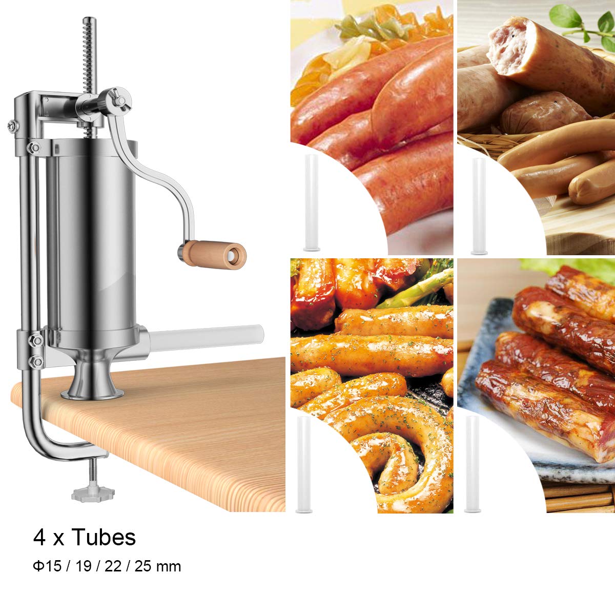 COSTWAY 2,5 kg Poussoir à Saucisses, Machine à Saucisse Verticale en Acier Inoxydable, Remplissage de Saucisse avec 4 Tubes de Diamettre Différent