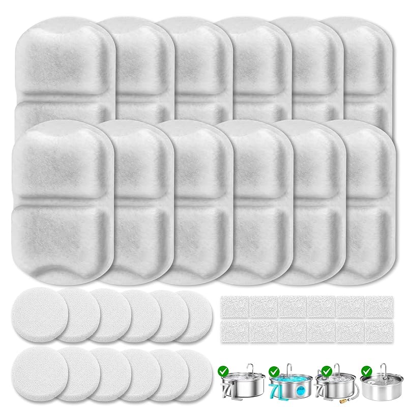 Filtros de Reposição para Fonte de Água para Cães oneisall 7 L Veniassy, 12 Filtros + 24 Esponjas