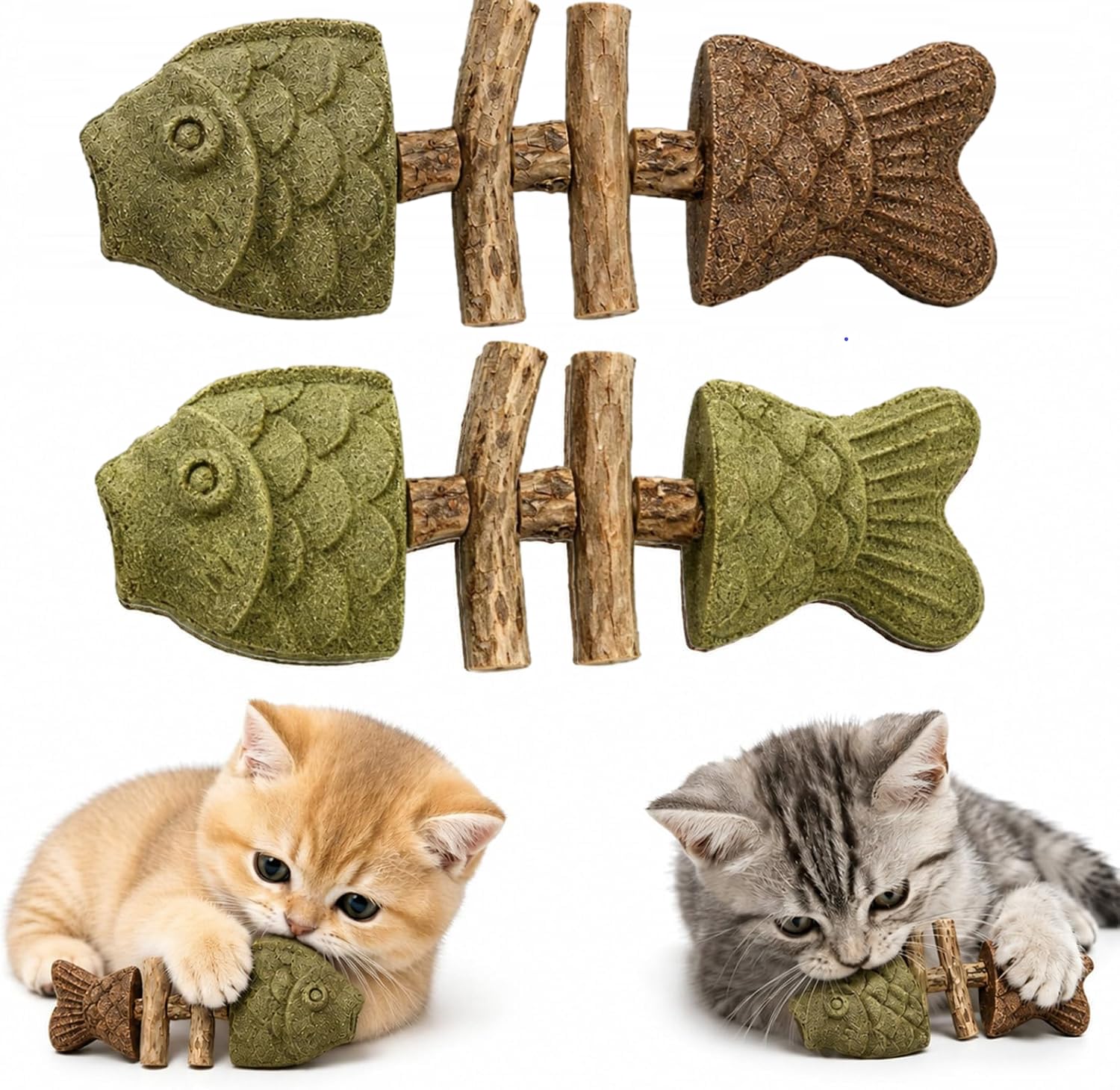 Collenatsy 2 PCS Catnip and Silvervine Chew, Natural Fishbone Chew Toy for Cats, Fishbone-Shaped Cat Dental Toy for Chewing, Licking, Pawing, Boredom Relief & Enrichment for Cats