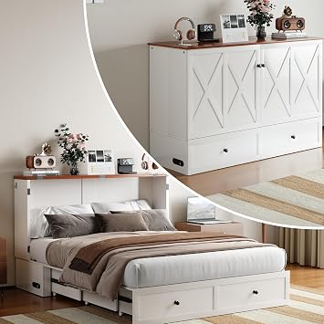 PUREMIND Murphy Bed Full with Mattress Included, X-Frame Cabinet Beds Chest with Charging Station & Storage Drawers, Convertible Hideaway Cabinet Bed for Guest Room, White