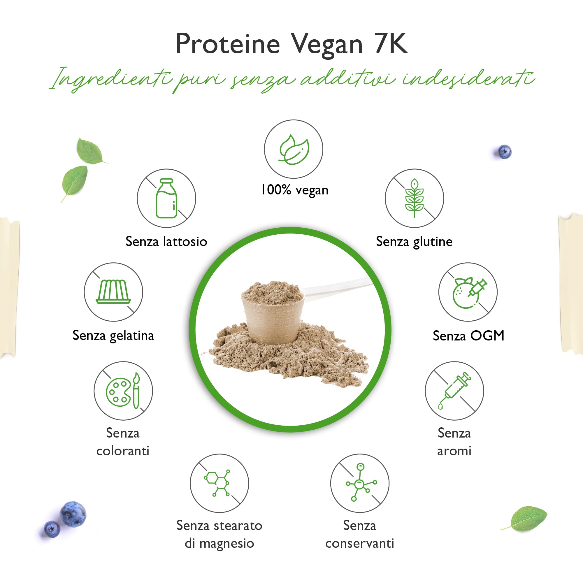 Vegan 7K Protein - 1kg - Cookies & Cream - Proteine vegetali pure in polvere con proteine di riso, mandorle, soia, piselli, canapa, mirtilli, girasole