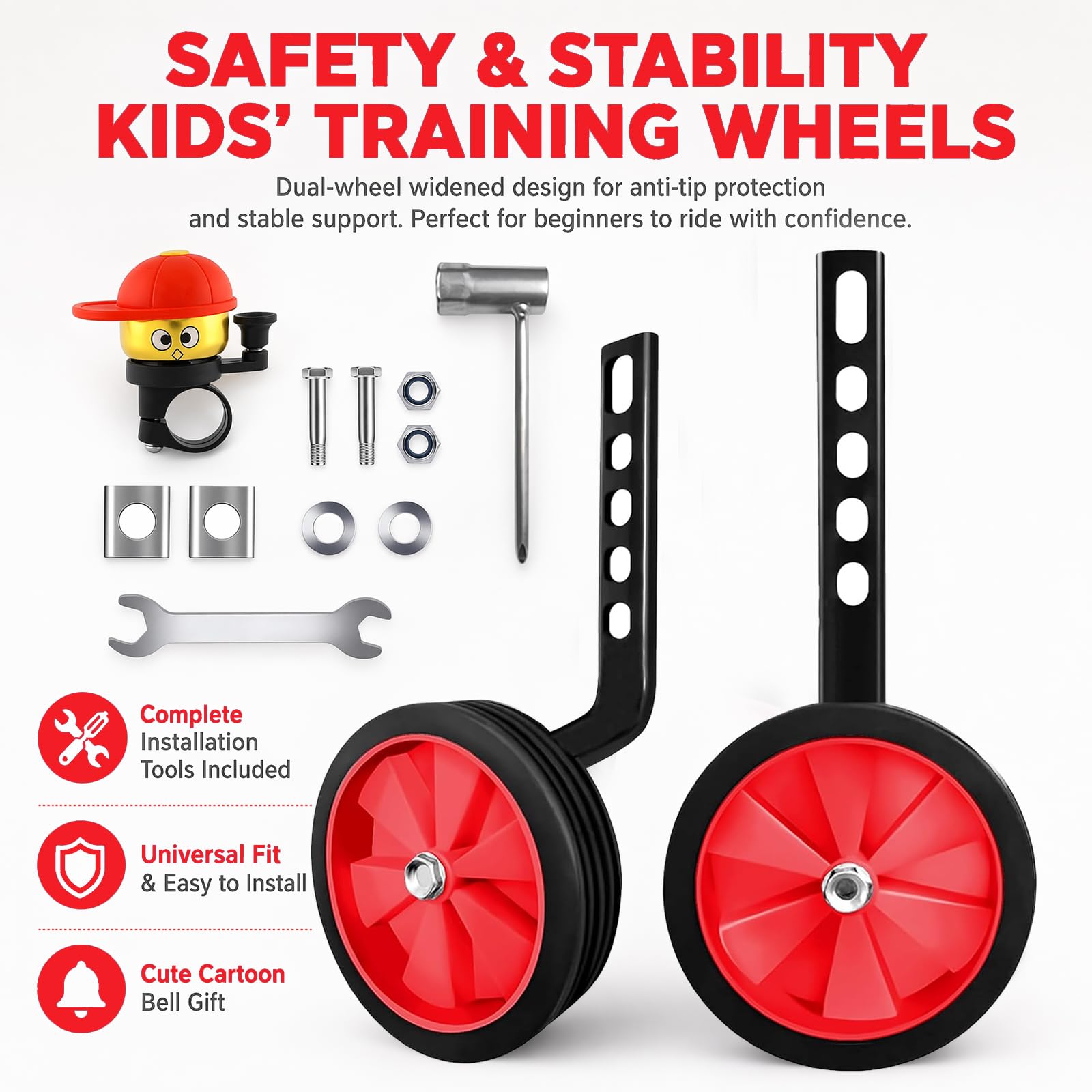 Ruote di supporto per bicicletta per bambini, stabili e sicure, regolabili da 30,5 a 50,8 cm, silenziose, antiscivolo, con luce, per principianti, per imparare all'aperto, colore rosso