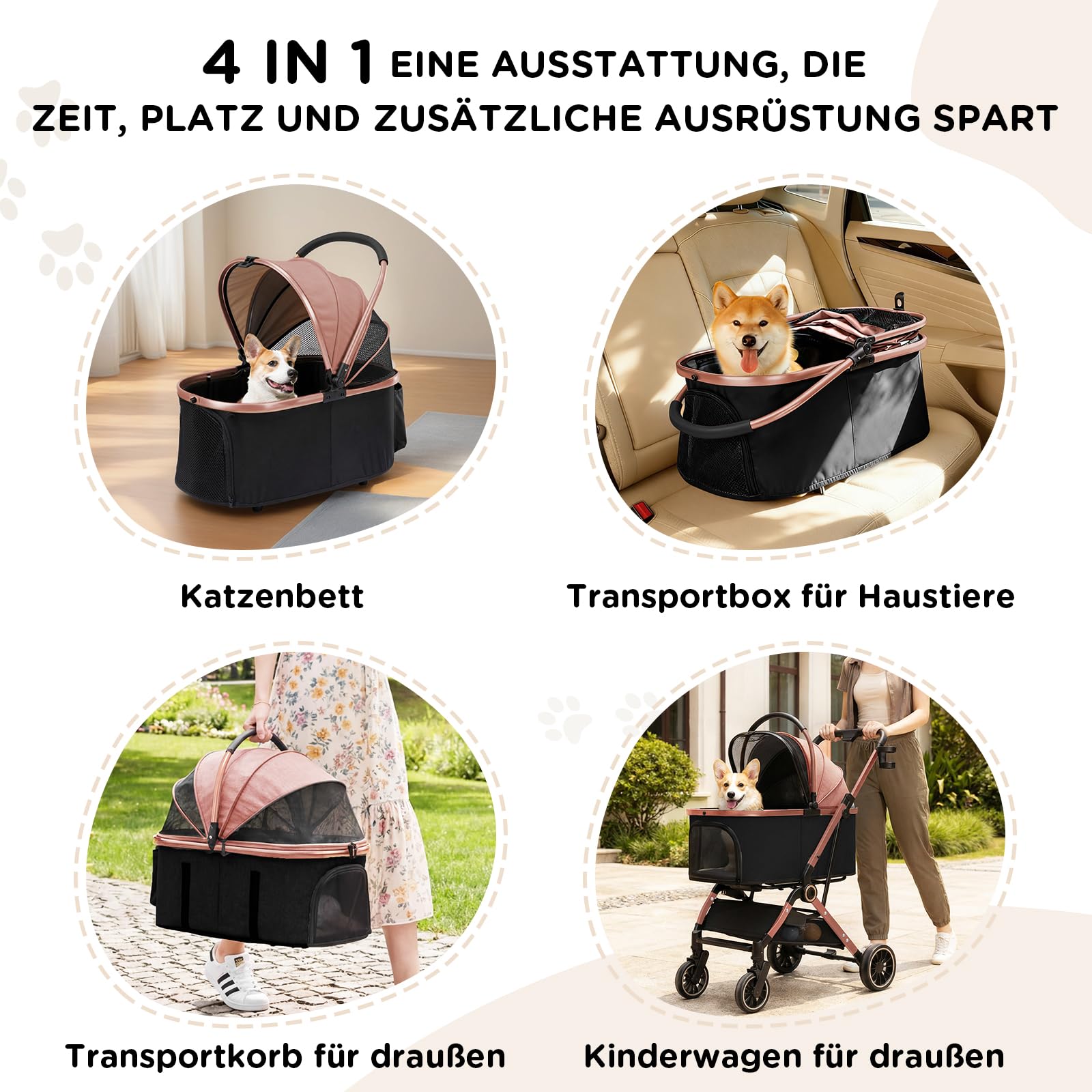 GTPLAYER Hundewagen 4 in 1 Hundebuggy, Hundebox klappbar Hund Kinderwagen bis 25kg, Faltbar Katzenwagen mit 360°Drehrädern, Netzfenstern, Verstellbaren Markise&Getränkehaltern, Roségold