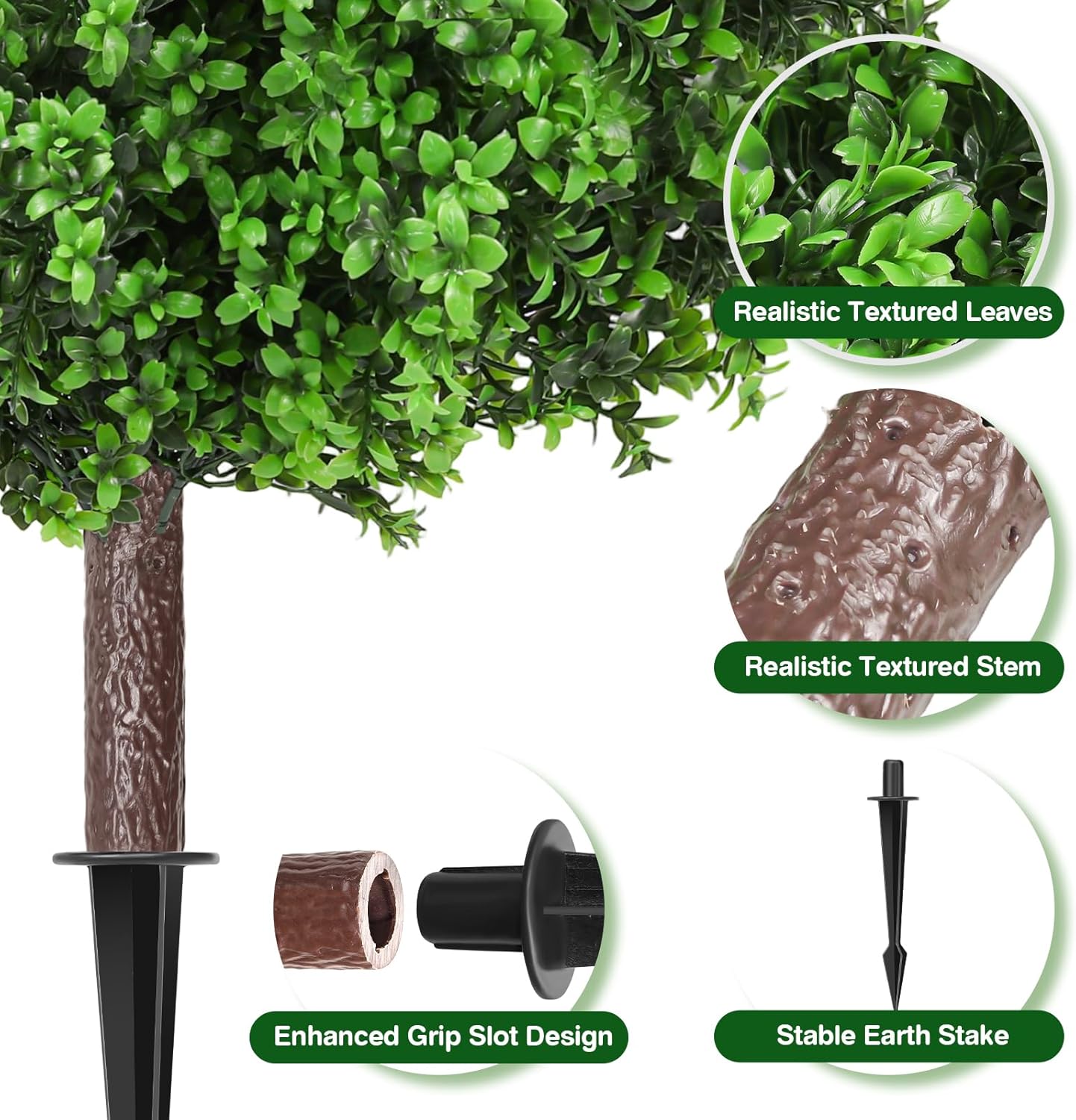 Artificial Boxwood Topiary Ball Tree 25" with Ground Spike, Set of 2 Faux Boxwood Bushes for Faux Shrubs, Fake Evergreen Faux Plant for Indoor Outdoor