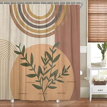 Mid Century Boho Shower Curtain, Abstract Rainbow Sun Minimalist Aesthetic Sage Plant Leaves Geometric Neutral Shower Curtain for Bathroom, Retro Brown Fabric Shower Curain Set, 70X70IN