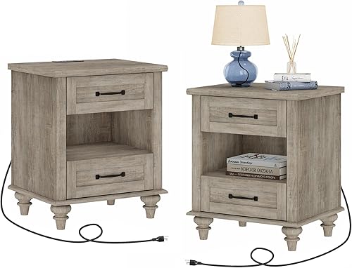 Miniatura 13 de WAMPAT Mesa auxiliar blanca con 2 cajones y estación de carga, mesita de noche de mediados de siglo para dormitorio con tomas de corriente y puertos