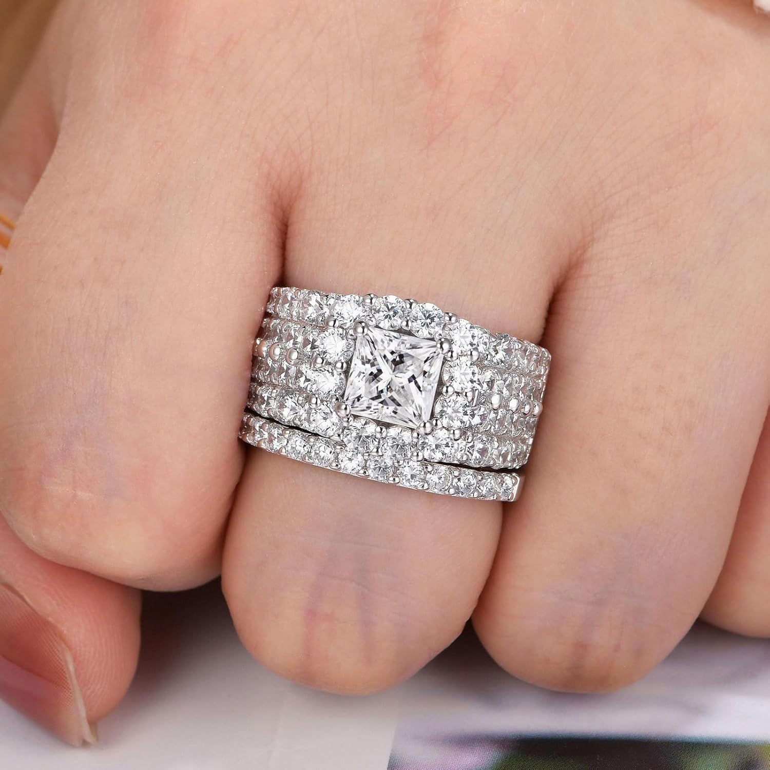 Wuziwen Vintage Wedding Ring Set for Women Cubic Zirconia 925 Sterling Silver Princess Halo Cluster Bridal Engagement Rings for Her