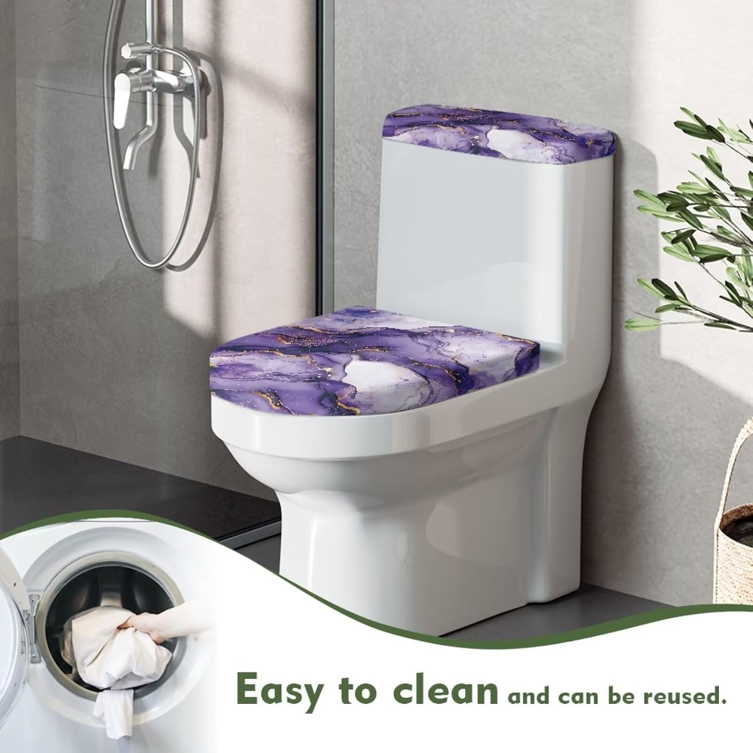 Marble Toilet Cover Lid Set of 2 Pieces,Purple Toilet Seat Lid Cover with Elastic Edges Replacement Machine Wash