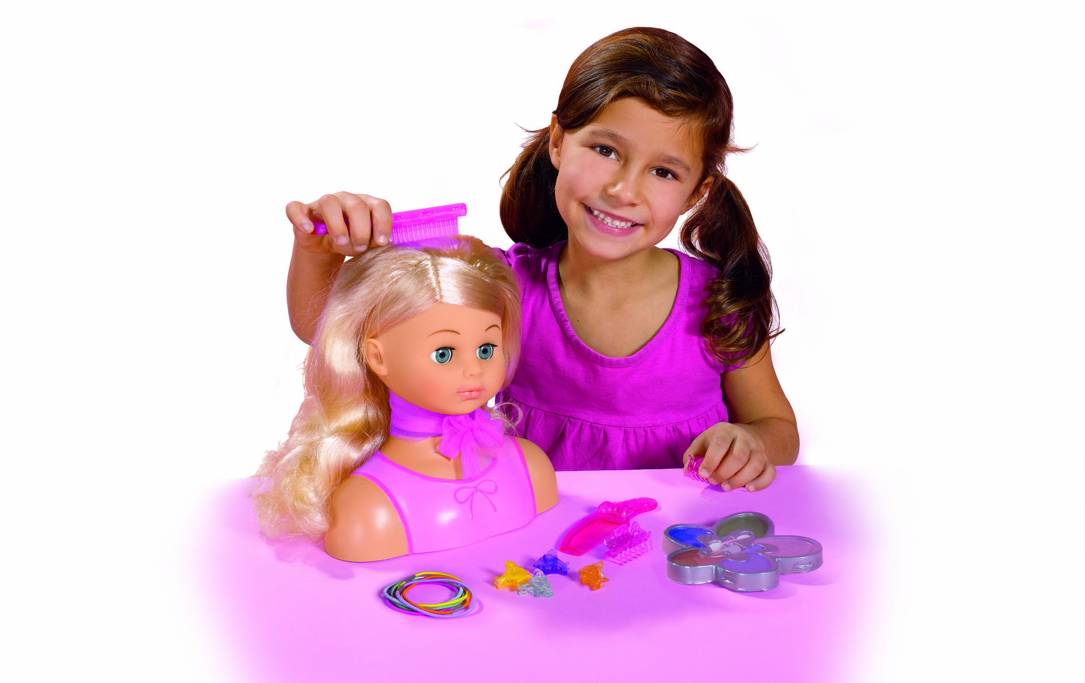 Simba-smoby 105564348 model stylizacji głowy lalki Steffi | W zestawie z zabawnymi akcesoriami, w tym szczotką, grzebieniem, klipsami do włosów i makijażem | Wiek 5+, wiele