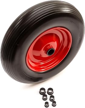 4.00-8 PU Red Metal Wheel & Tyre Solid Flat Free 15 Inch Wheelbarrow Puncture Proof Includes 25/20/16/13mm Bore Bush Set 75mm Hub Reducer Bushes Wheel Barrow Replaces 400-8, 4.00x8