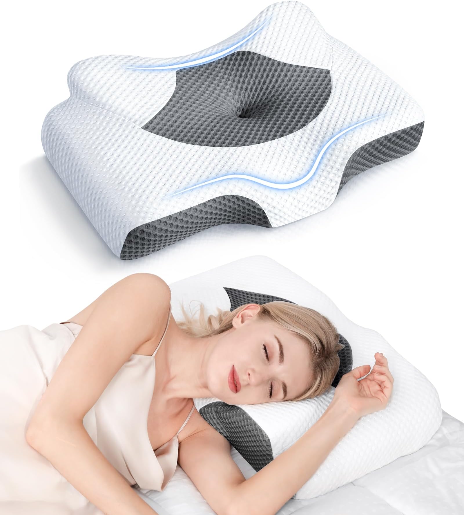 Osteo (Standard(21.6 14.3 4.4/8.9cm), Dark Grey) - Cervical Pillow for Neck Pain Relief, Hollow Design Odourless Memory Foam Pillows with Cooling Case, Adjustable Orthopaedic Bed Pillow for Sleepi...