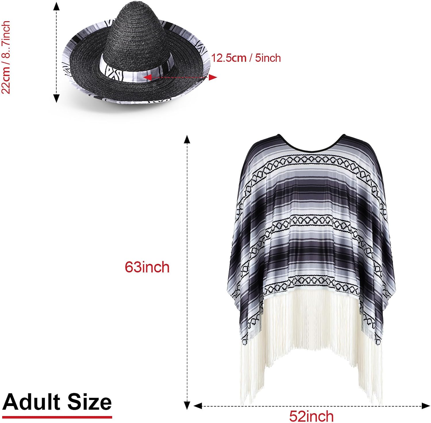 Yahenda 4 Pcs Mexican Style Costume Set for Adults Include Mexican Serape Poncho Sombrero Sunglasses Moustache - Image 2