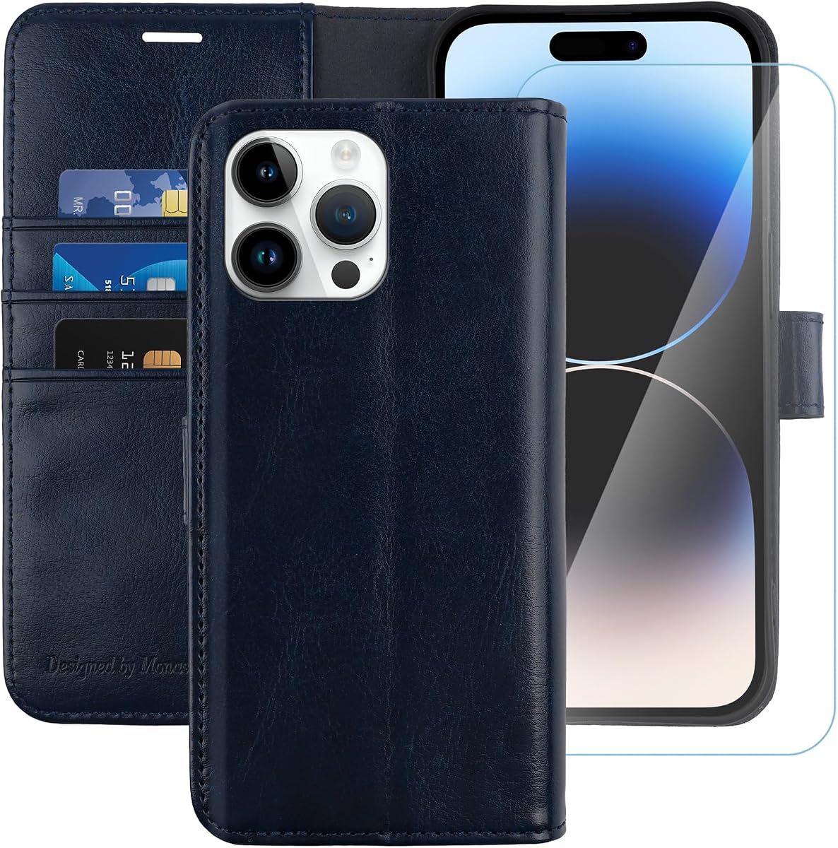 MONASAY Wallet Case Compatible for iPhone 14 Pro Max 5G, 6.7-inch, [Glass Screen Protector Included] [RFID Blocking] Flip Folio Leather Cell Phone Cover with Credit Card Holder, Blue