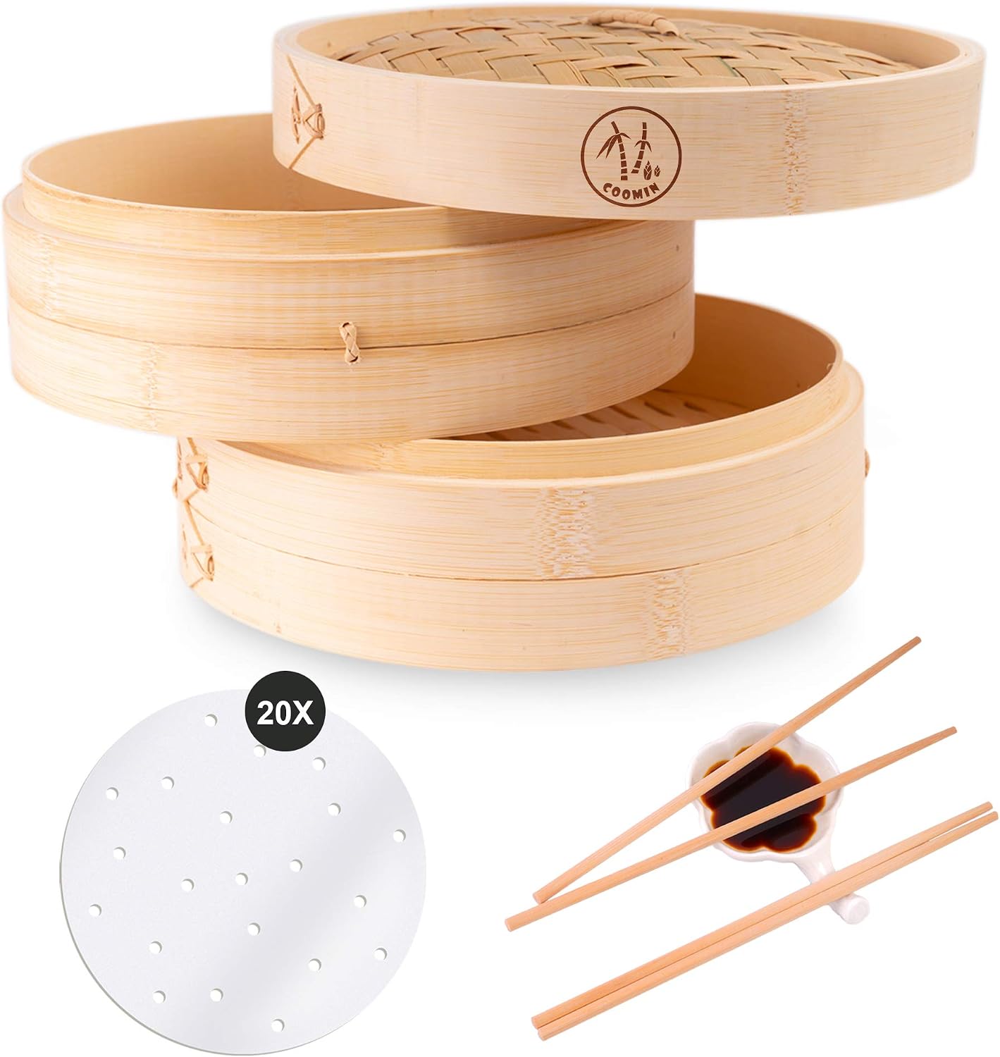 Coomin 10 Inch Bamboo Steamer Basket, Premium 2 Tier Food Steamer with Lid, Handmade Steamer for Cooking/Veggie/dumplings/Eggs, Contains 2 Pairs of Chopsticks, 1 Sauce Dish & 20 Liners