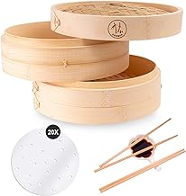Coomin 10 Inch Bamboo Steamer Basket, Premium 2 Tier Food Steamer with Lid, Handmade Steamer for Cooking/Veggie/dumplings/...