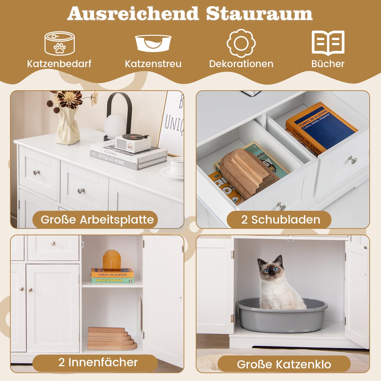 COSTWAY Katzenschrank für Katzentoilette, Katzenklo Schrank mit 2 Schubladen, 3 Türen & Eingang, Katzenhaus Katzenkommode Beistelltisch, Katzenmöbel für Innenbereich, modern, 100x45x80cm, Weiß