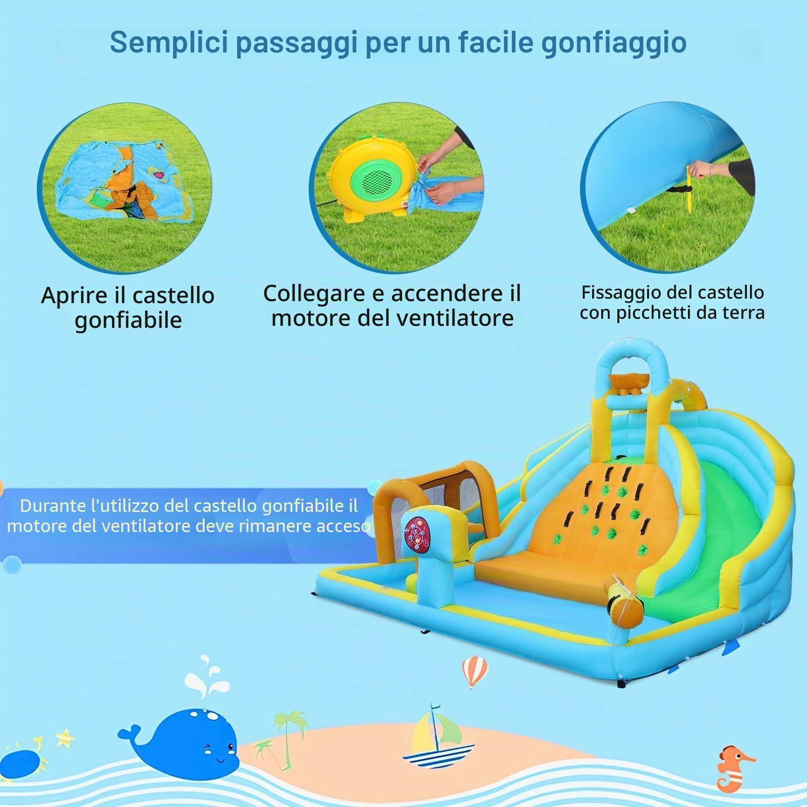 LALAHO Castello gonfiabile con tappeto elastico, scivolo, piscina, parete da arrampicata, 395 x 350 x 260 cm