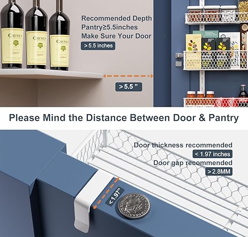 Miniatura 2 de Organizador de despensa de 6 niveles para colgar sobre la puerta, estante de especias colgante con cesta ajustable, estantes para colocar sobre la