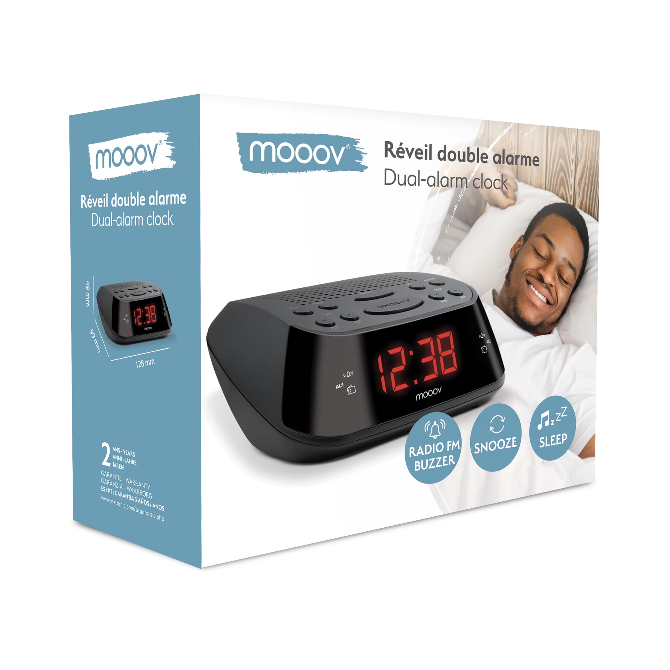 METRONIC 477003 Radio-Réveil FM Double Alarme (Programmable Radio FM ou Buzzer) avec Grand Ecran Affichage Rouge, Fonction Snooze, Alimentation Secteur + Sauvegarde Piles, Simple d'Utilisation - Noir