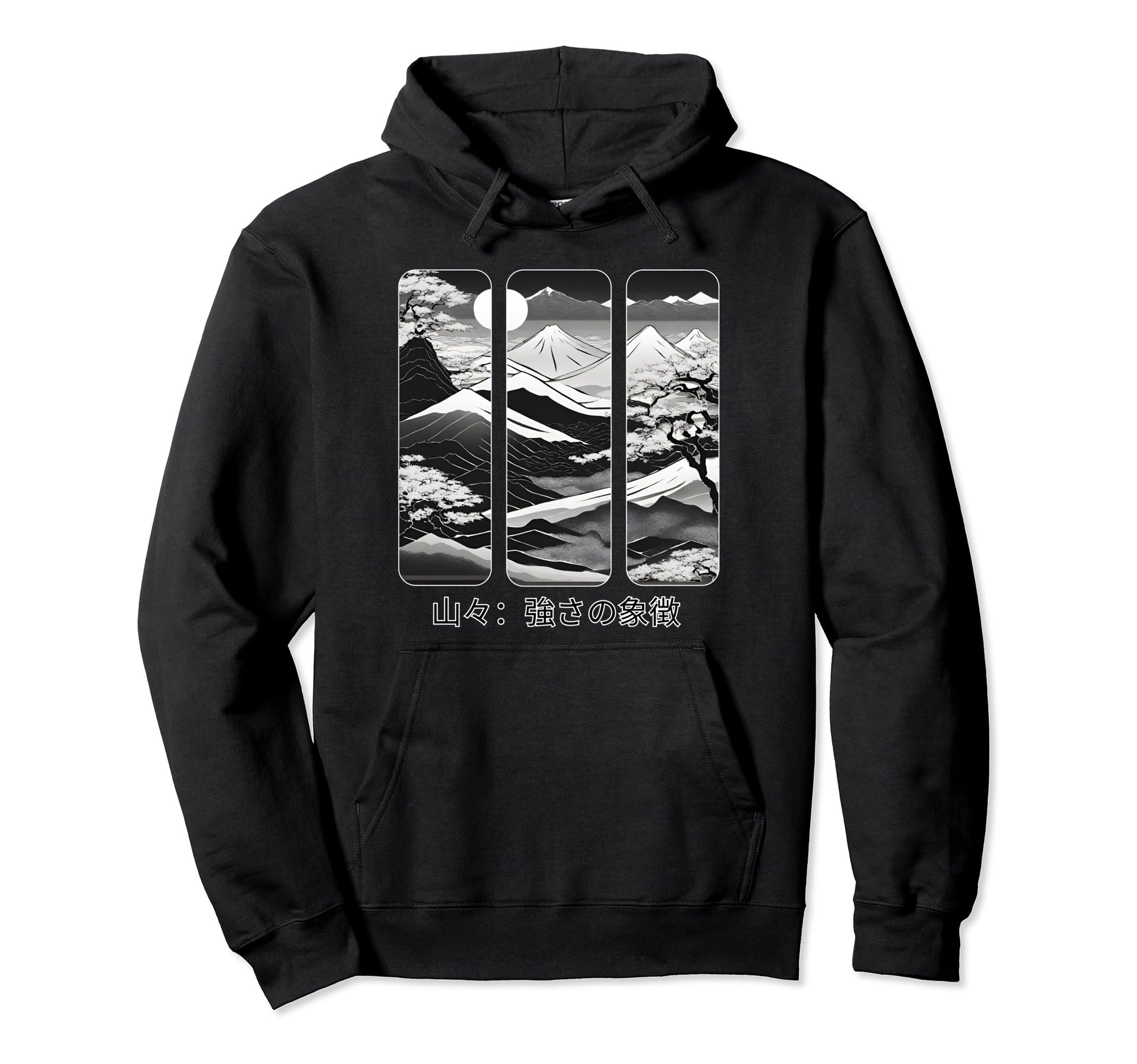 Mountains and Japanese Letters Print Mountain Landscape Pullover Hoodie