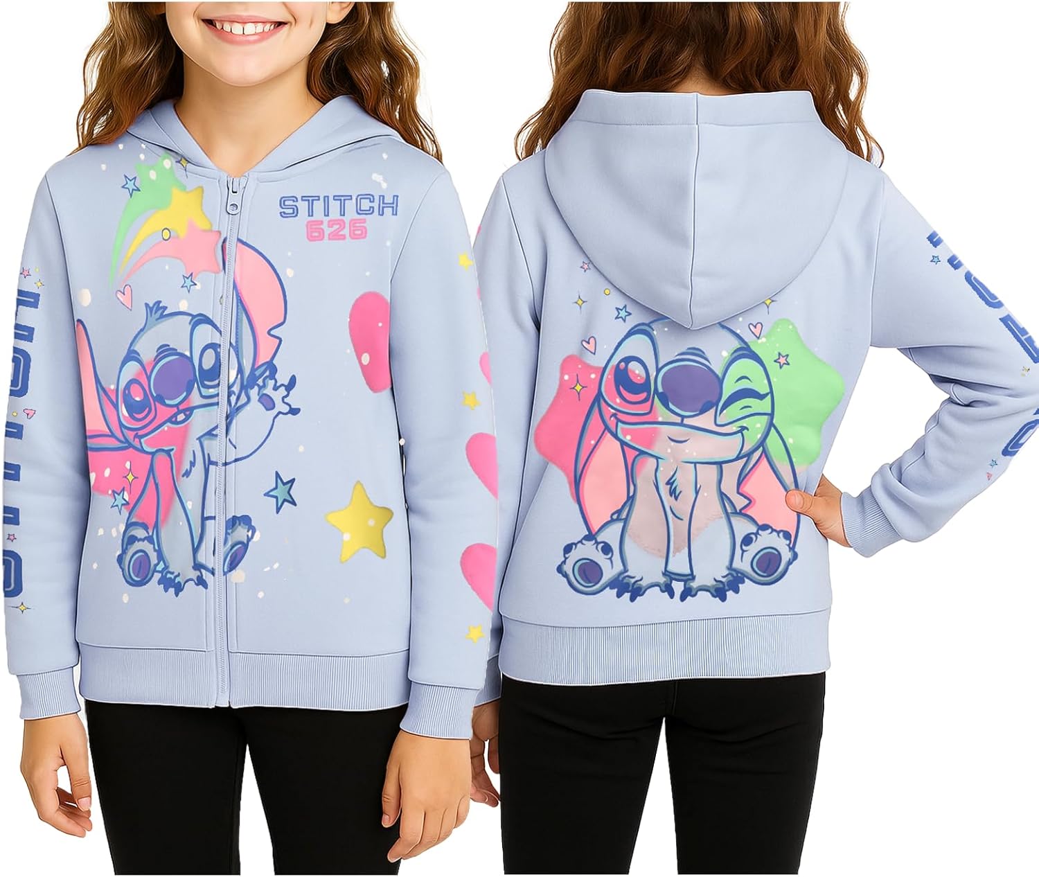 Disney Lilo and Stitch Girls Zip Up Hoodie - Cozy Fleece Full Zip Cartoon Graphic Hoodies - Cute Zip Up Sweatshirt for Girls
