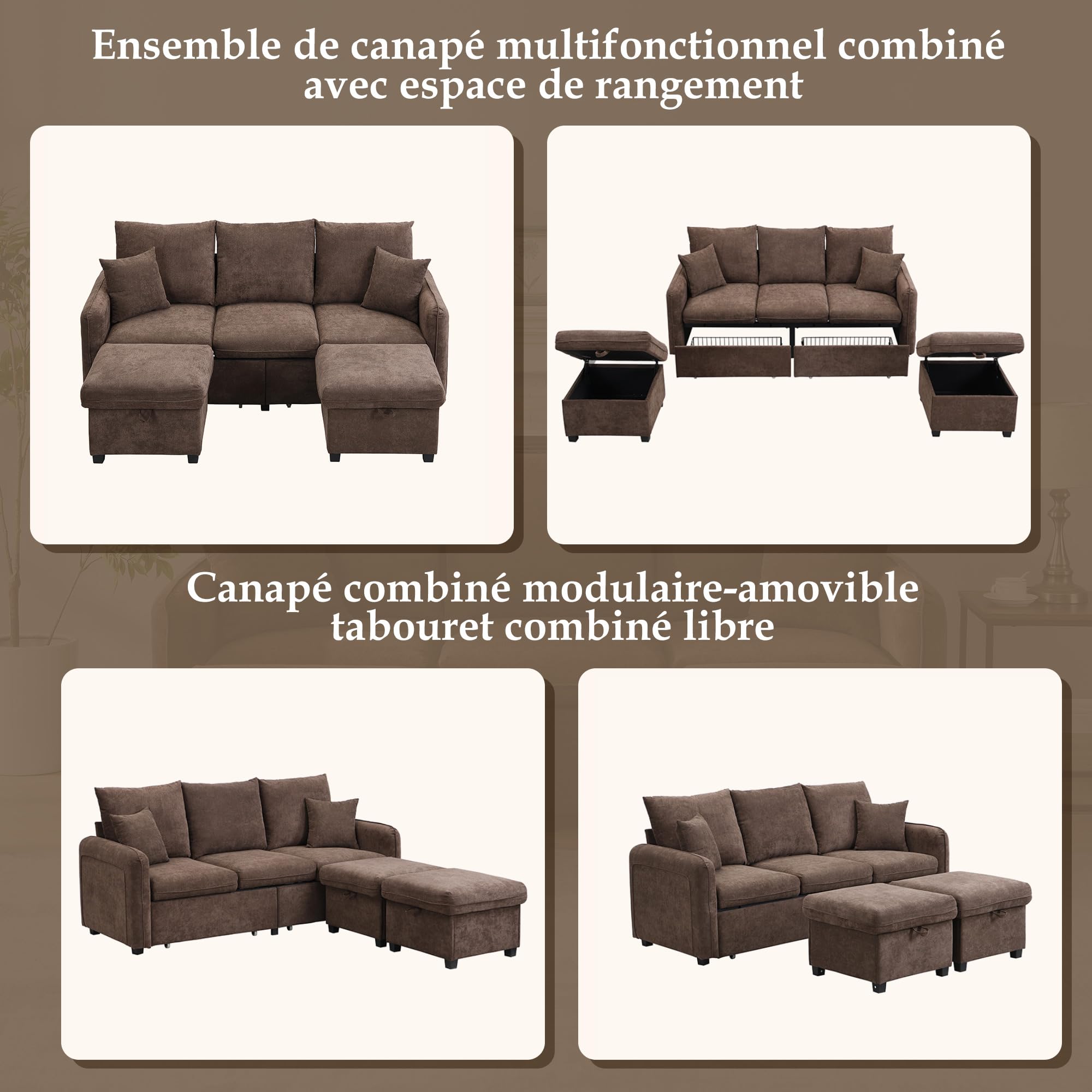 DHHU 188cm Canape en Chenille, Canape d'angle Modulable en Forme de U, Canapé Convertible 3 Places avec Pouf de Rangement et 2 Tiroirs, Coussins Confort, pour Salon, APT et Bureau, Brun Antique-F