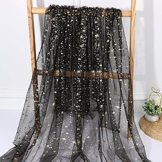 Gold Star Sequin Tulle Fabric Glitter,Lace Fabric by the Yard, Tulle Ribbon,Yarn Net Tulle for Toy Hair Accessories Kids Clothing Tablecloth Gift Wrapping Party DIY Decor（Black,59×118 Inches