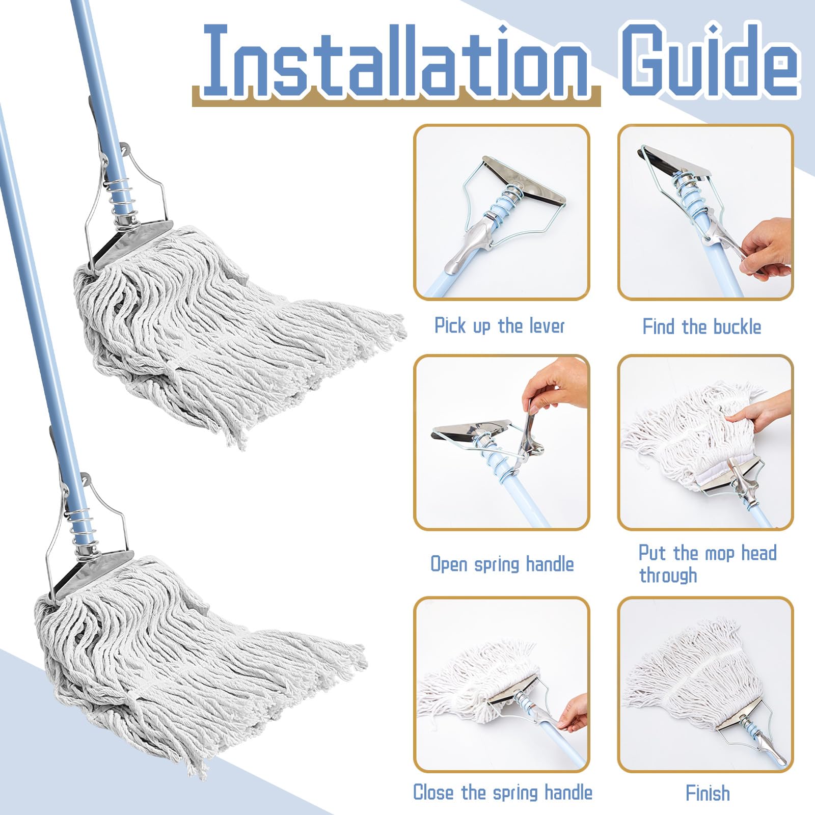 Spring Mop Complete Extra 2 Packs Mop Spring Commercial Mop Industrial Mop Steel Head with 4 Mop ...