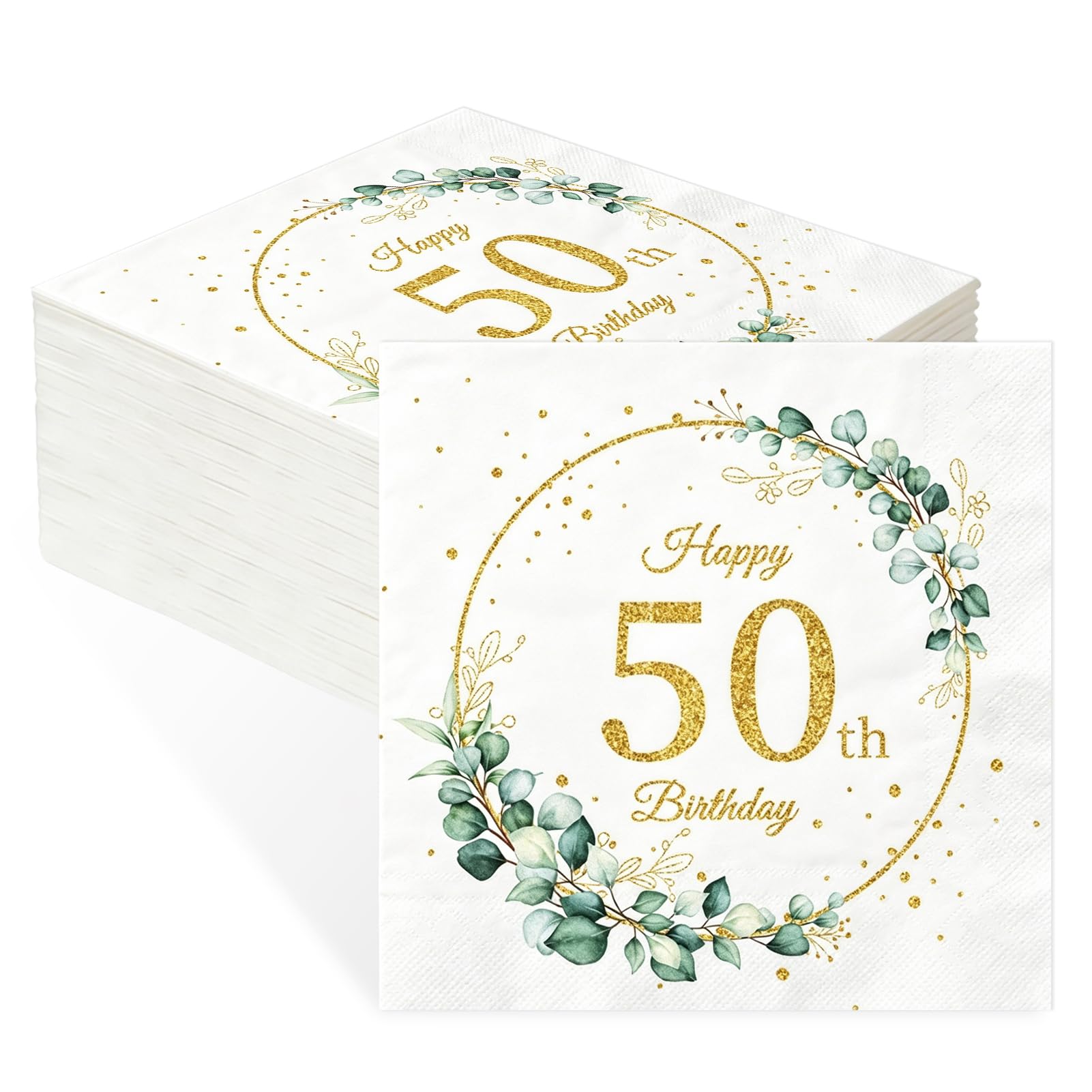 40 Pack 50th Birthday Napkins, Sage Green Eucalyptus Gold Happy Birthday Serviettes, Party Napkins for 50th Birthdays Table Decorations, Elegant Milestone Celebration Supplies โ image 1
