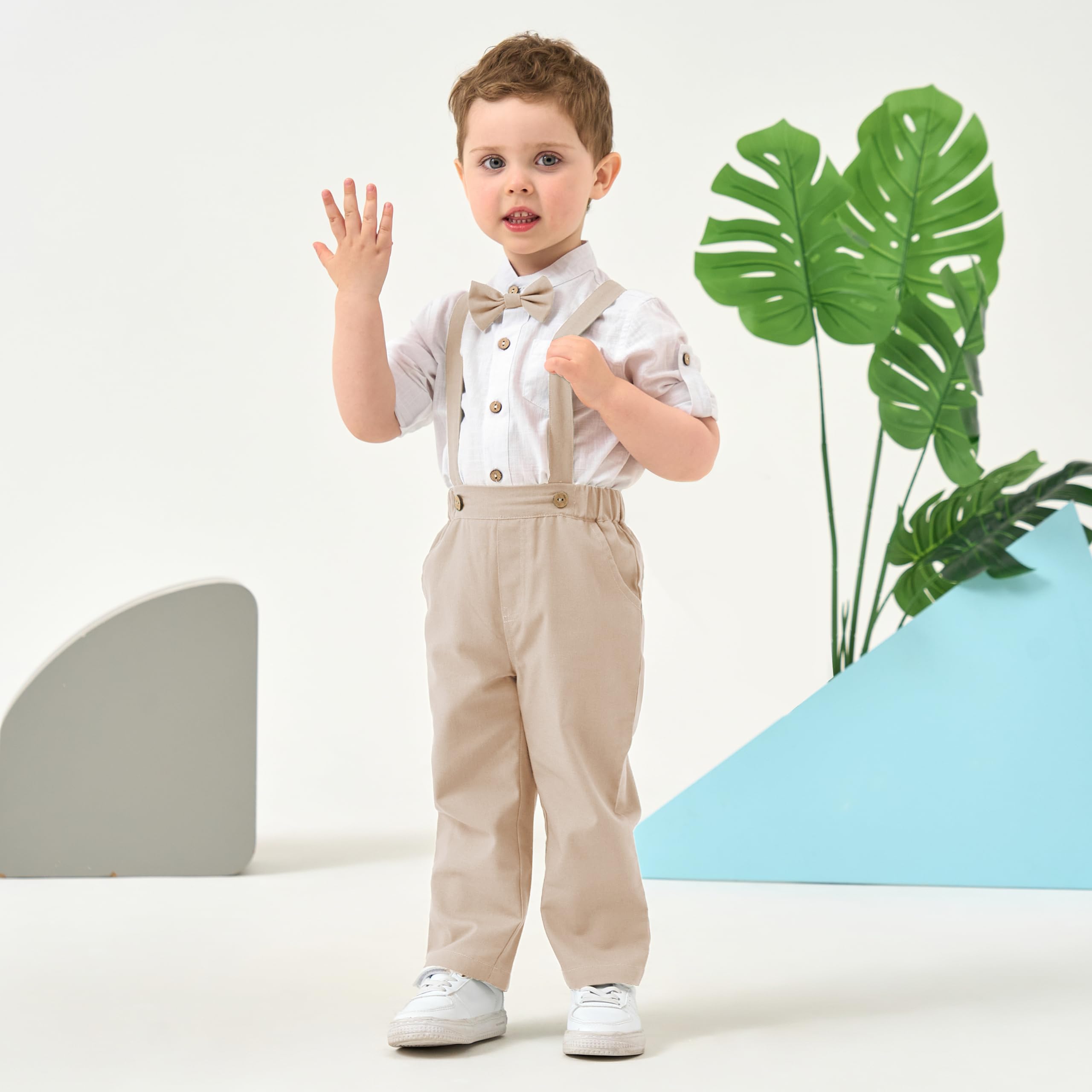 Volunboy Ensemble Costume Bébé Garçon, Coton Lin Cérémonie Formel Mariage 4 Pièces Noeud Papillon Chemise + Pantalon Bretelle