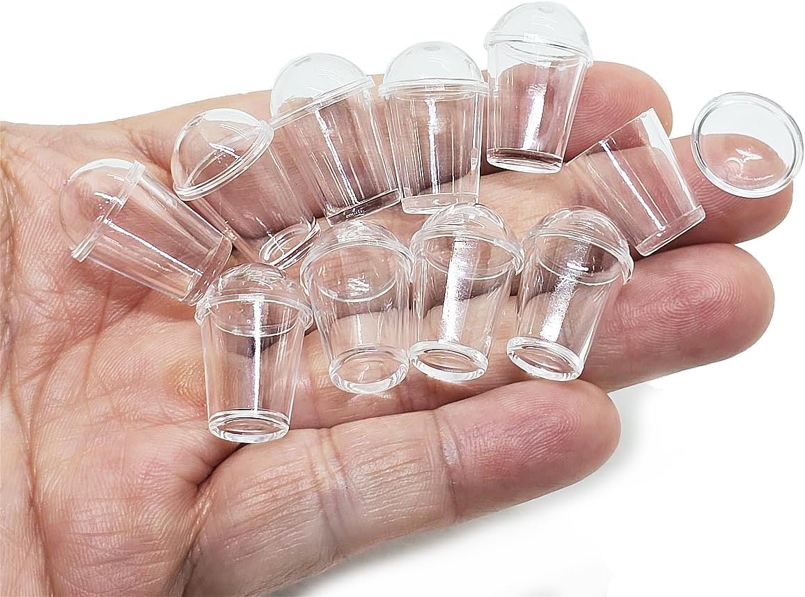 ChangThai Design Very Tiny ½ Inch High Clear Plastic Cold Cups with Lids 10 Pieces Set - Miniature Tableware Cup Mug Tray Bowl Crockery Cutlery Kitchenware Handmade Mini Decorative Collectible Gifts