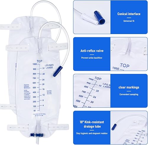 Miniatura 5 de Paquete de 3 bolsas de drenaje urinario de pierna estéril de 33.8 fl oz con 2 correas elásticas ajustables, bolsa profesional para piernas de orina