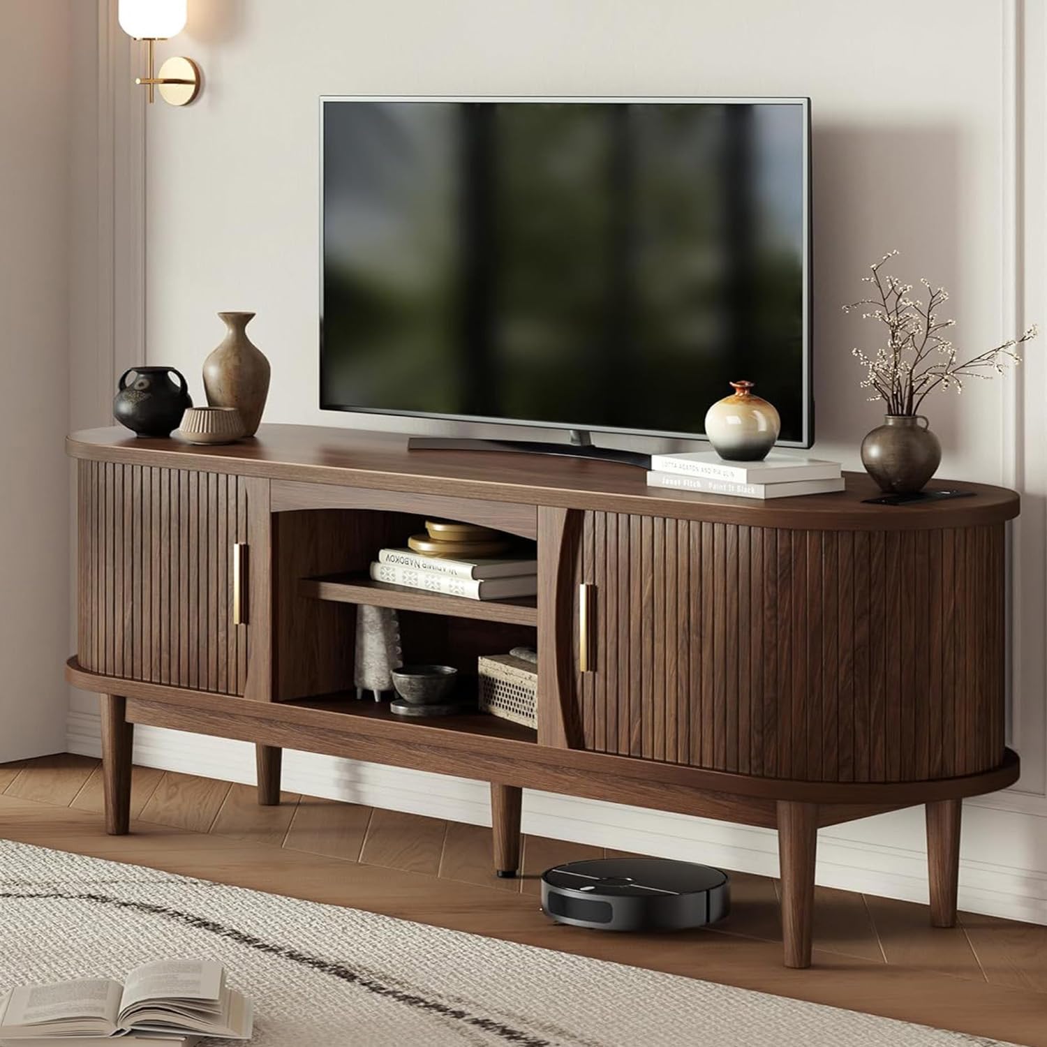 Condition photo showing Good Condition for decofy mid century tv stand for tvs up to 65 inches, entertainment center with storage, power outlet, fluted sliding doors & adjustable shelves, modern media tv console table for living room (walnut)