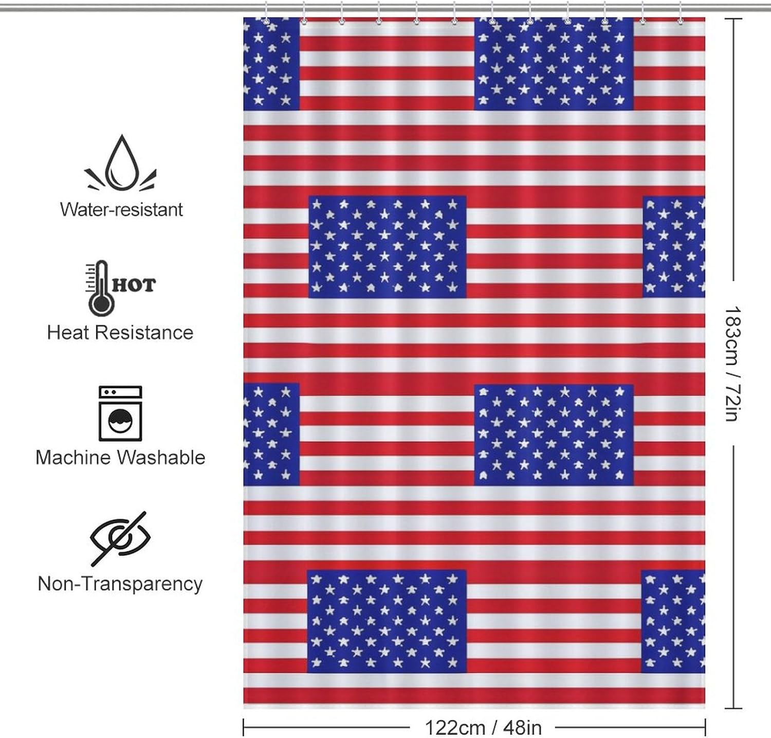 U.S. Flag Funny Shower Curtains Washable Bath Curtain Liner with Hooks for Bathroom Bath Tubs