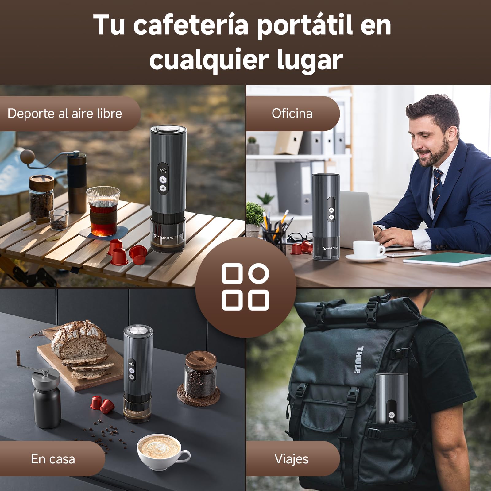 AMZCHEF Cafetera de café portátil con batería de 20 bares con USB-C y pantalla digital – Compatible con cápsulas y café en polvo – Cafetera para llevar para viajes, camping, aluminio