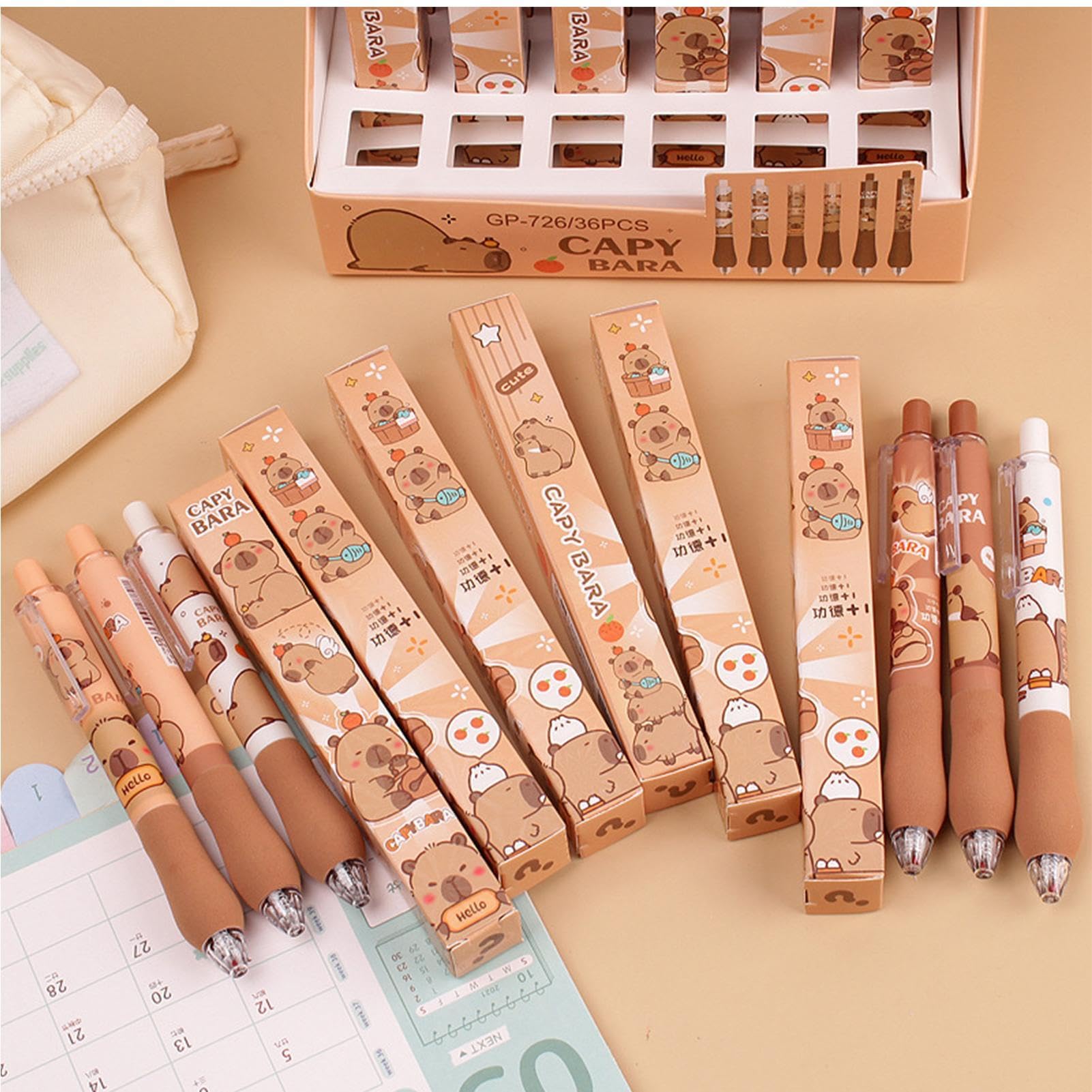 Clvsyh Capybara Stifte Set – 12 Einziehbare Gelstifte + 4 Lineale, 0,5 Mm, Radierbar, Mit Niedlichen Capybara Motiven