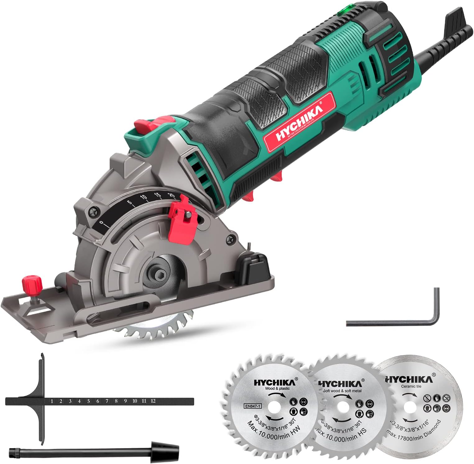 HYCHIKA Electric Saw, 500W Mini Circular Saw 4500RPM with 3 Saw Blades(85mm), Scale Ruler, Pure Copper Motor, Ideal for Home DIY Wood Soft Metal Tile and Plastic Cutting