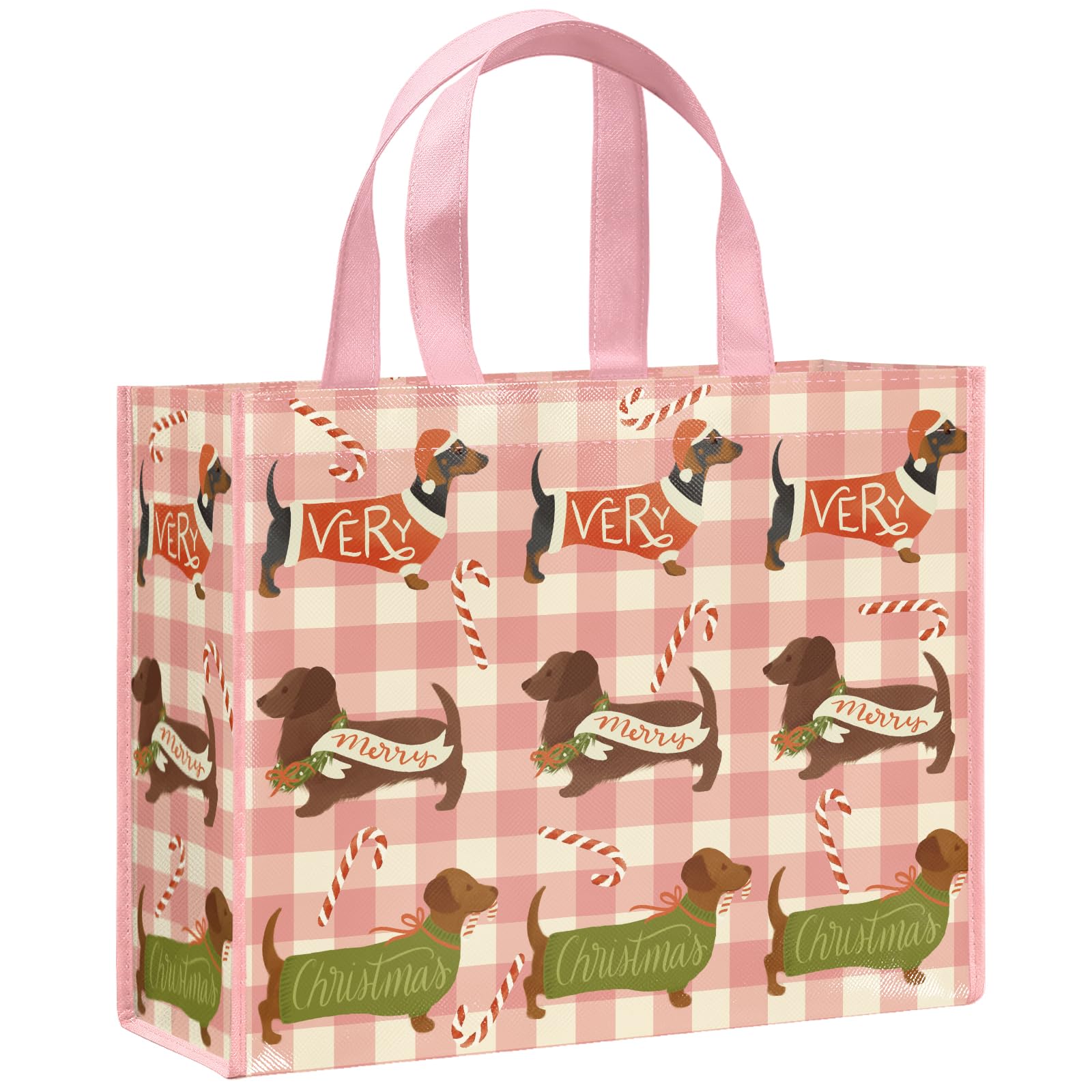 Loveinside 13" Large Christmas Dog Reusable Gift Bag, Pink Dachshund Dog & Gingham Design Recycled Gift Bag with Handles for Kids Girls, Pet Lovers, Xmas Holiday Party Favors, 13" x 5" x 10", 1 Pcs — image 1