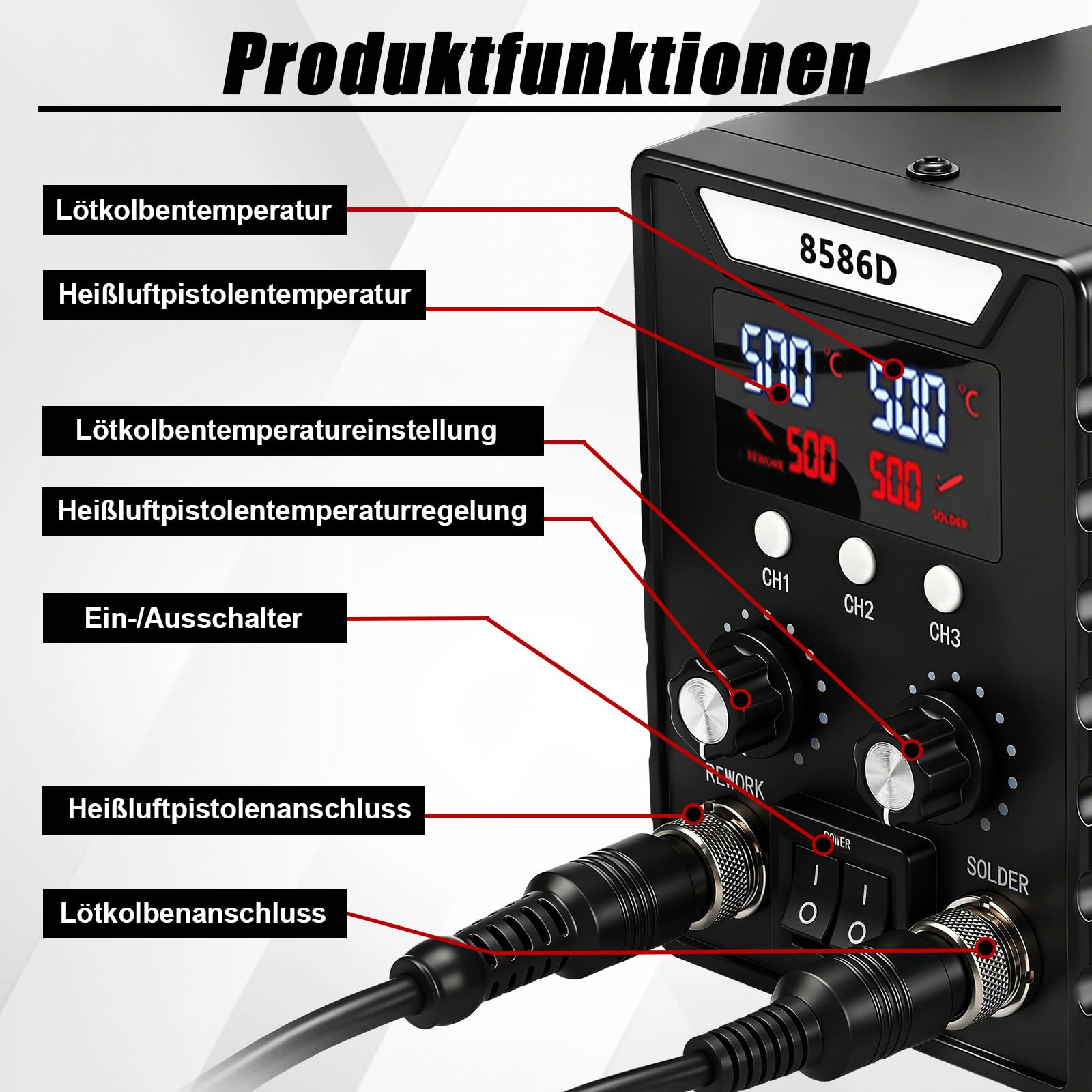 Kit de estación de soldadura de aire caliente 2 en 1, 180 – 500 °C, pantalla digital 8586D, con pistola de calor de 700 W + soldador de 60 W, múltiples puntas, herramienta de desoldadura para soldar y