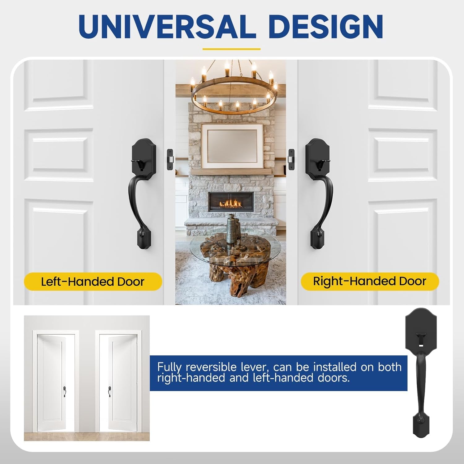 Black Front Door Handle No Lock, Exterior Door Handles with Passage Lever, Entry Door Handle Reversible for Left & Right