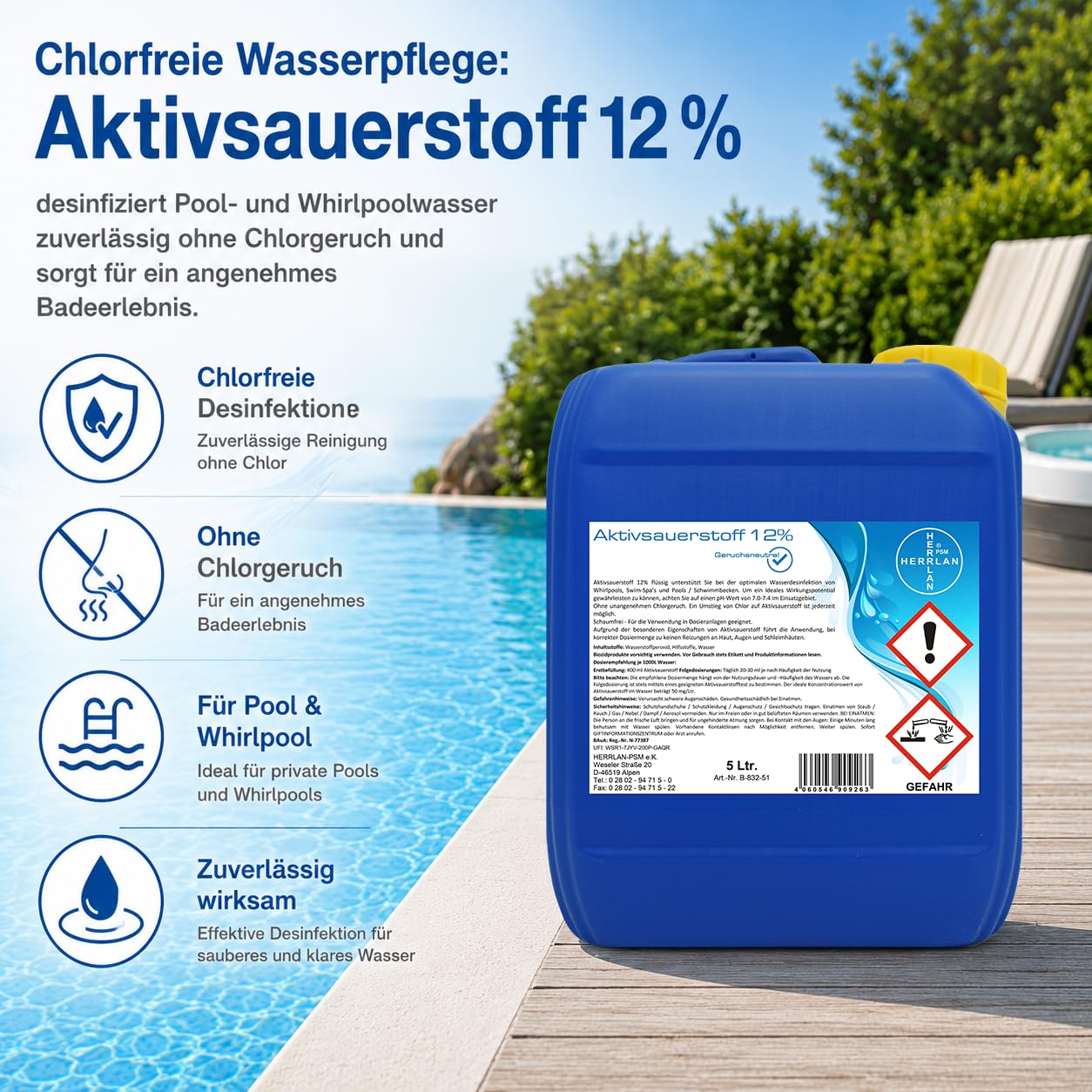 HERRLAN® Aktivsauerstoff 12% – 5 Liter Kanister- Stabilisiert - Food Grade Qualität - Wasserpflege & Desinfektion - Chlorersatz - Klarwasser-Effekt - Made in Germany