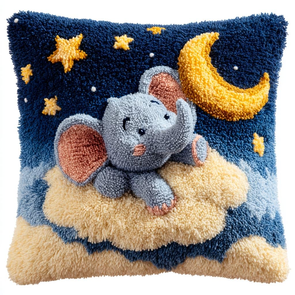 Taxpy Latch Hook Kits, Elephant and Moon Pillow Pre-Printed Patterns Pillowcase Needlework Crochet Yarns Latch Hooking Cushion for Sofa Decor 17x17inch