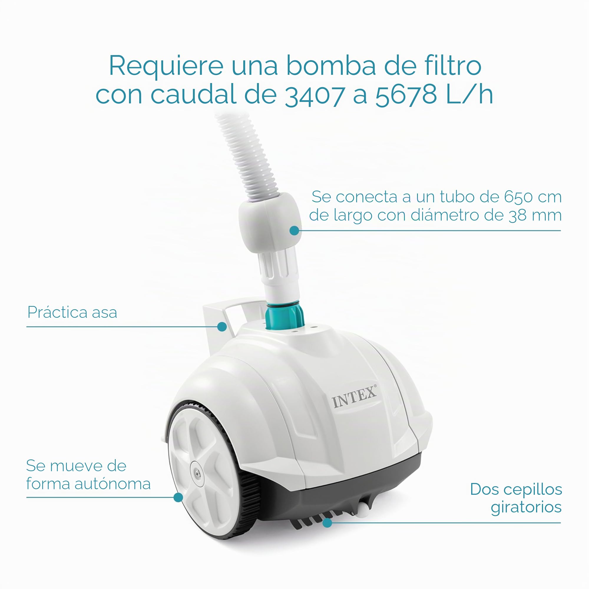 Intex 55251 - Robot limpiafondos piscina Krystal Clear ZX50, Limpiador fondo piscina automático, Manguera 6.5m antienrredos, recipiente para desechos 0,8L y giro automático, Limpiafondos piscina