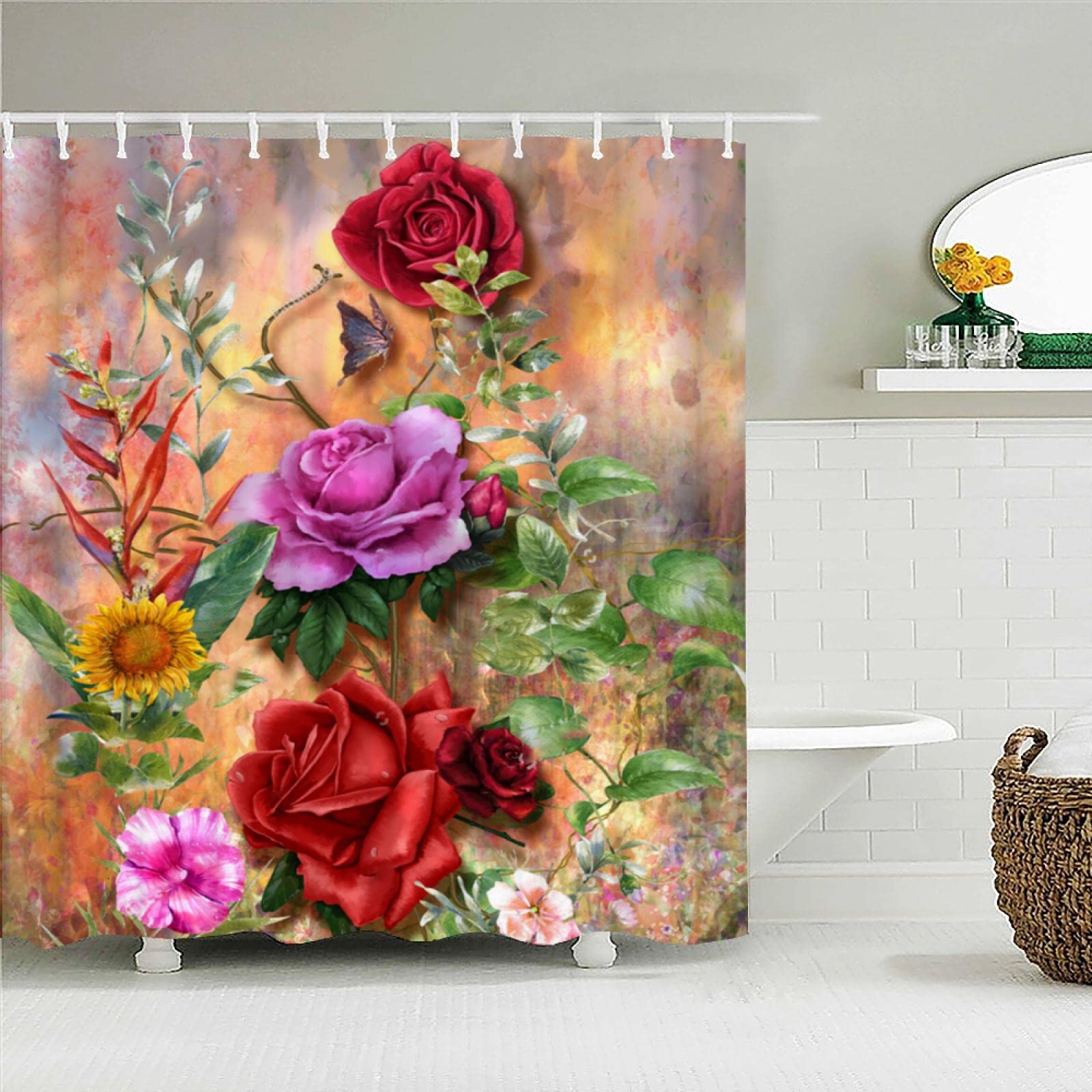 Rideau de douche moderne motif fleurs imprimées en polyester imperméable de 115x220cm