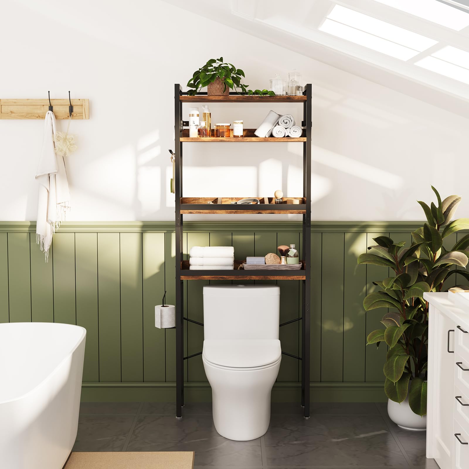 Dripex Scaffale per WC a 4 livelli, organizer da bagno sopra la toilette, scaffale per lavatrice, ripiani regolabili in altezza (marrone)