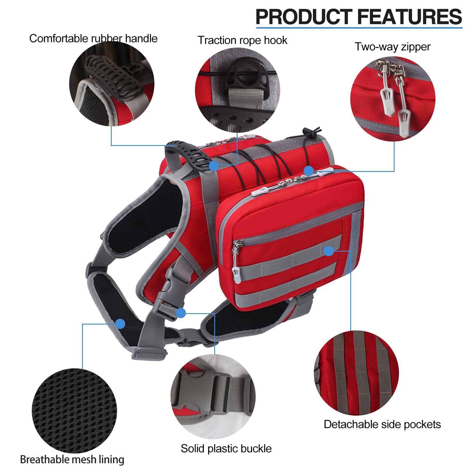 Mochila para perro con arnés para perros grandes - Mochila impermeable para senderismo con bolsillos laterales desmontables, bolsa de sillín ajustable de diseño en Y para entrenamiento