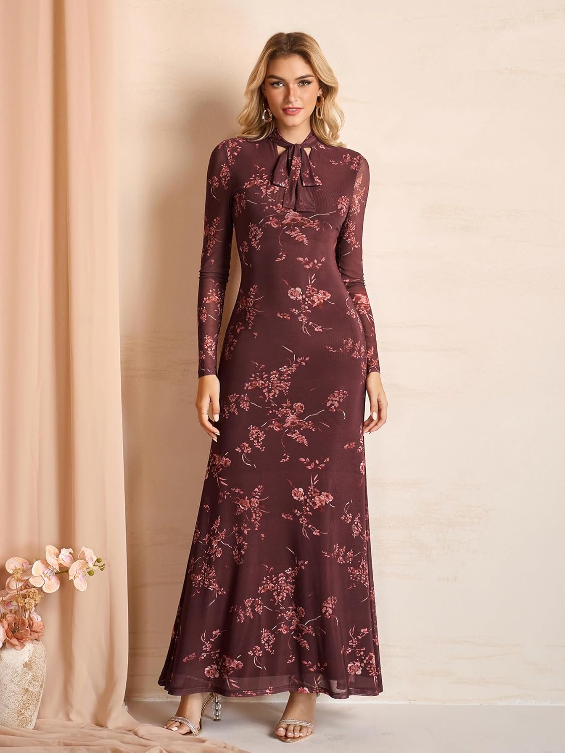 HTZMO Women Fall Long Sleeve Bow Tie Neck Formal Maxi Dresses A Line Flowy Wedding Guest Party Elegant Long Dresses - Image 4